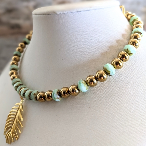 Green Spearmint Glass and Gold Ball Beads in Statement Gold Plated Necklace - Picture 3 of 10